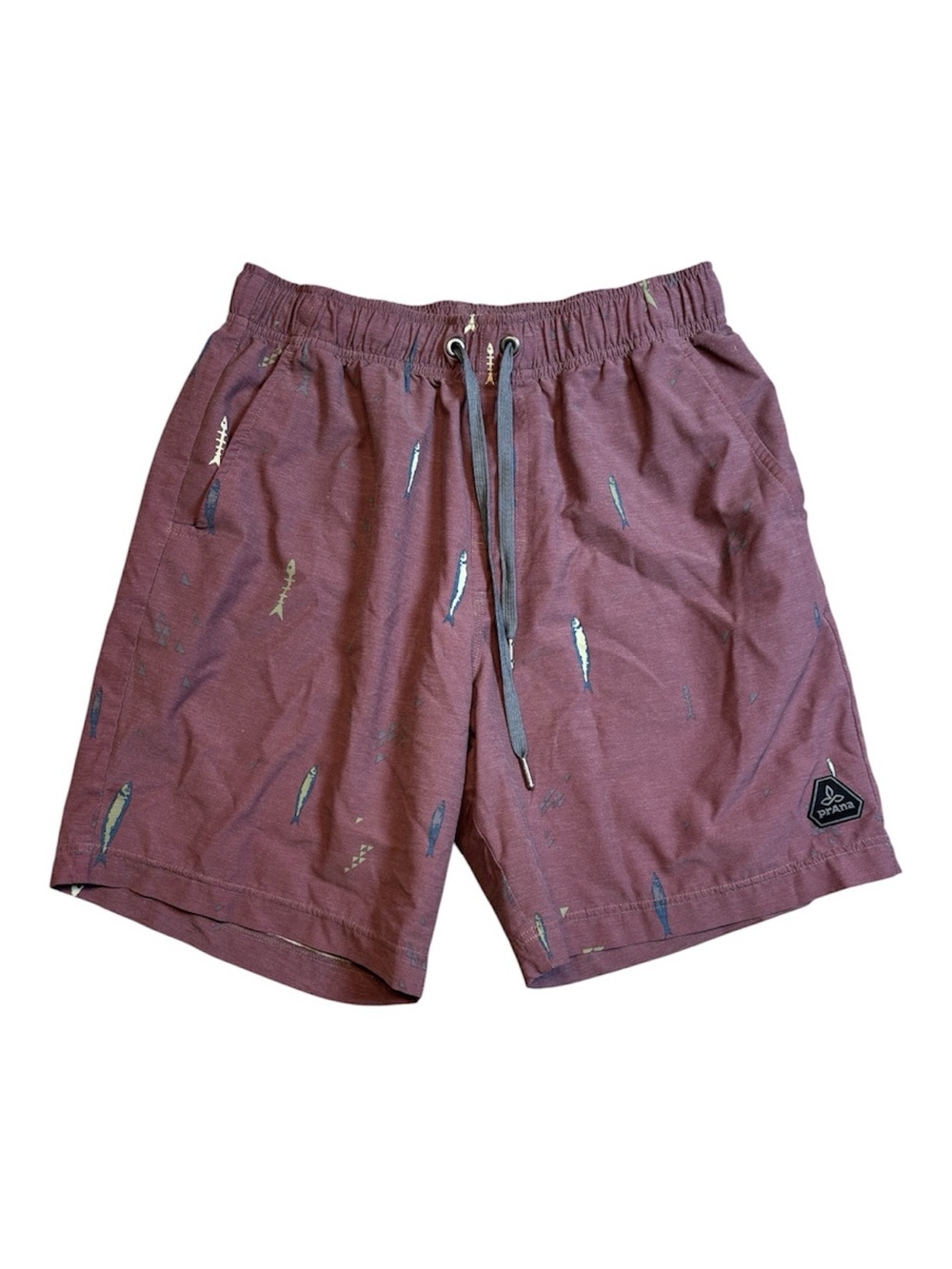 PrAna Metric E-Waist Zip Shorts Burgundy Fish Sardine Print Stretch Medium M